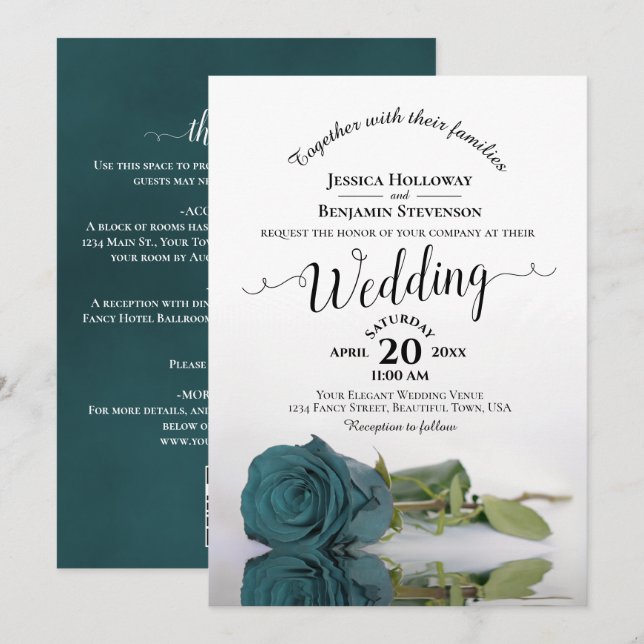 Elegant Calligraphy Teal Rose QR Code Wedding Invitation (Front/Back)