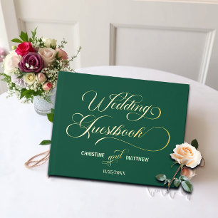 Elegant Calligraphy Teal Wedding Gold Guest Book