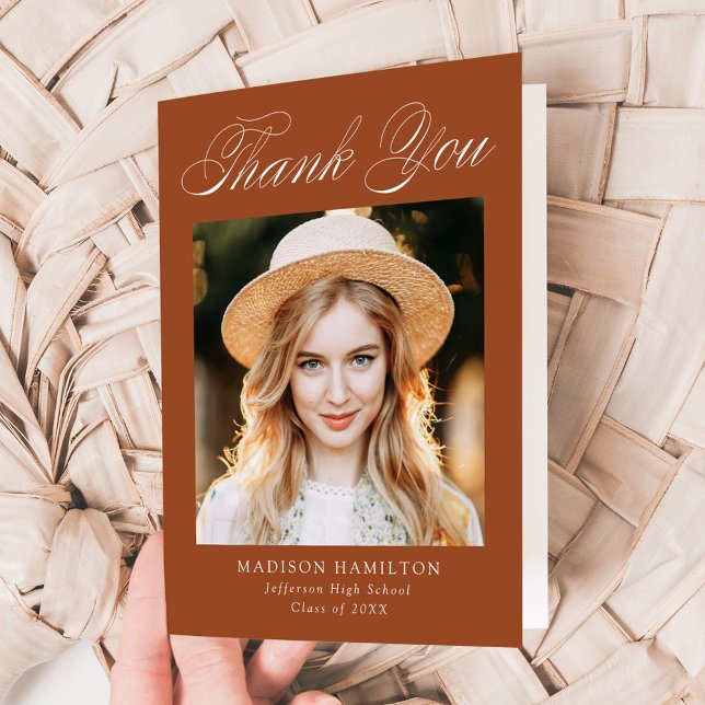 Elegant Calligraphy Terracotta Photo Graduation Thank You Card (Creator Uploaded)