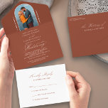 Elegant Calligraphy Terracotta Photo RSVP Wedding All In One Invitation<br><div class="desc">Elegant trifold terracotta wedding invitation with tear off RSVP card and script calligraphy. Simple classic and elegant design in terracotta and white to coordinate with your wedding colours (please browse my store for alternative colours or click "customise further" and change the background colour to suit). The template is ready for...</div>