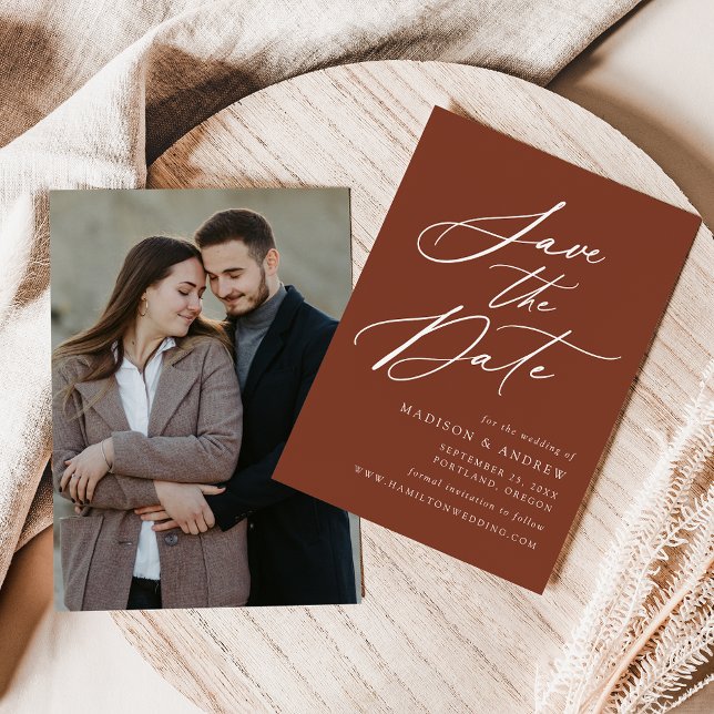 Elegant Calligraphy Terracotta Photo Wedding Save The Date (Creator Uploaded)
