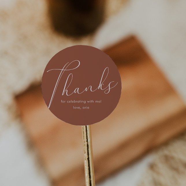 Elegant Calligraphy Thank You Terracotta Classic Round Sticker (Creator Uploaded)