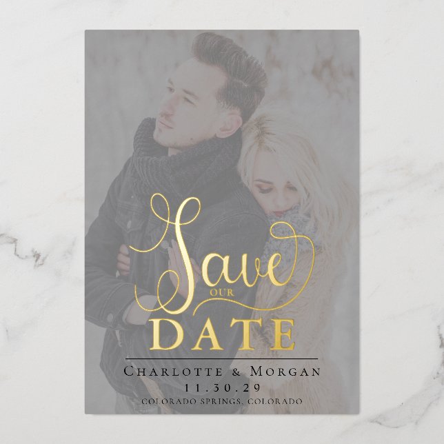 Elegant Calligraphy Two Photo Save the Date Foil (Front)