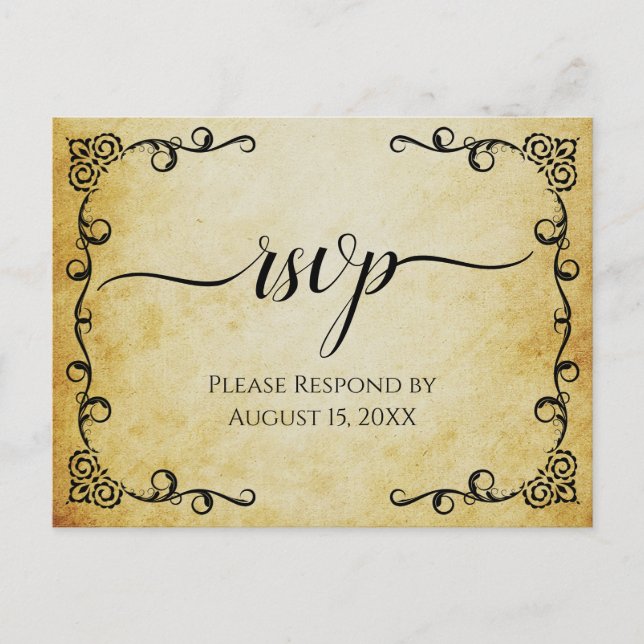 Elegant Calligraphy Vintage Parchment Wedding RSVP Postcard (Front)