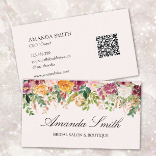 Elegant Calligraphy Watercolor Rose Floral QR Code Business Card