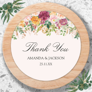 Elegant Calligraphy Watercolor Rose Flower Wedding Classic Round Sticker