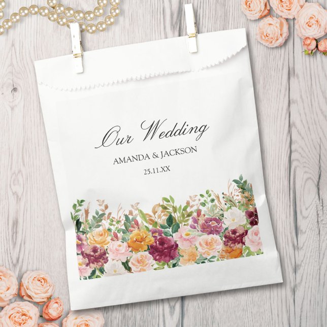Elegant Calligraphy Watercolor Rose Flower Wedding Favour Bags (In situ)