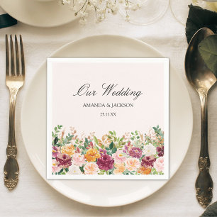 Elegant Calligraphy Watercolor Rose Flower Wedding Napkin