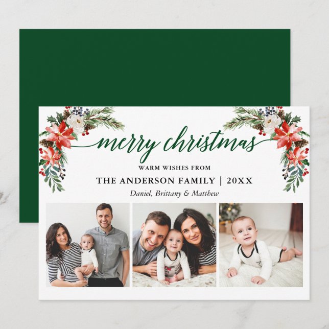 Elegant Calligraphy Watercolor Winter Floral Green Holiday Card (Front/Back)