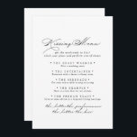 Elegant Calligraphy Wedding Kissing Menu Game Card<br><div class="desc">This elegant calligraphy wedding kissing menu game card is perfect for a rustic wedding reception. The simple and stylish design features classic and fancy script typography in black and white.</div>