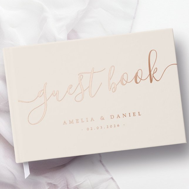 Elegant calligraphy wedding light tan brown real guest book (Elegant calligraphy wedding light tan brown real foil guest book)