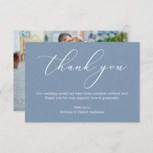 Elegant Calligraphy Wedding Photo Dusty Blue Thank You Card