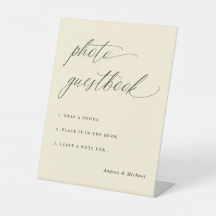 Elegant Calligraphy Wedding Photo Guestbook Cream Pedestal Sign