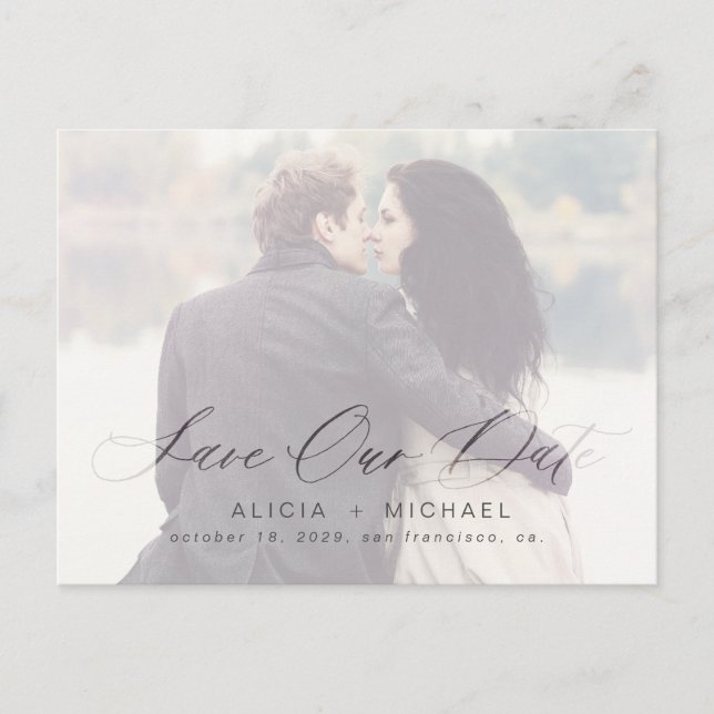 Elegant calligraphy wedding photo save our date announcement postcard (Front)