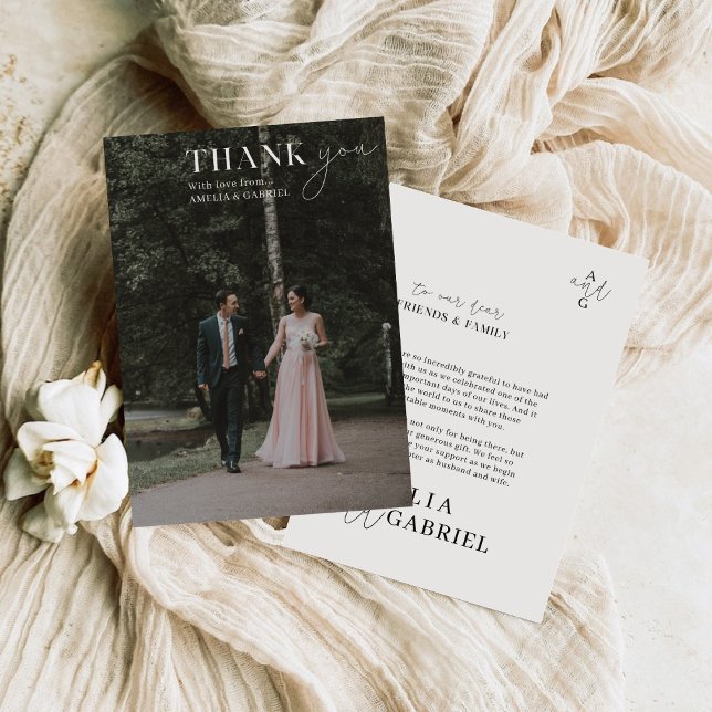 Elegant Calligraphy Wedding Photos Thank You Card (Creator Uploaded)