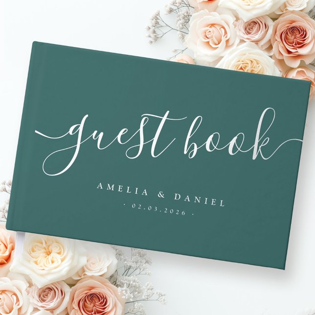 Elegant calligraphy wedding pine green guest book (Elegant calligraphy wedding pine green foil guest book)