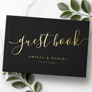 Elegant calligraphy wedding real foil black guest book