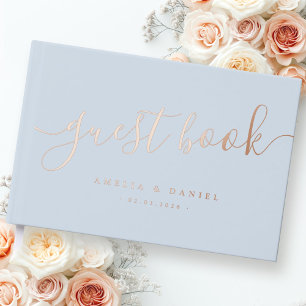Elegant calligraphy wedding real foil dusty blue guest book
