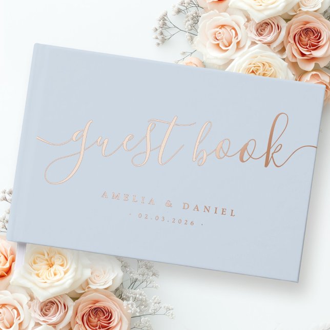 Elegant calligraphy wedding real foil dusty blue guest book (Elegant calligraphy wedding real foil dusty blue foil guest book)