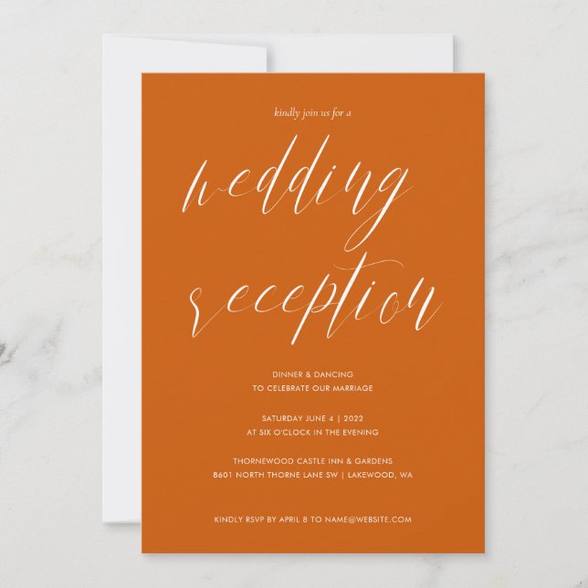 Elegant Calligraphy Wedding Reception Burnt Orange Invitation (Front)