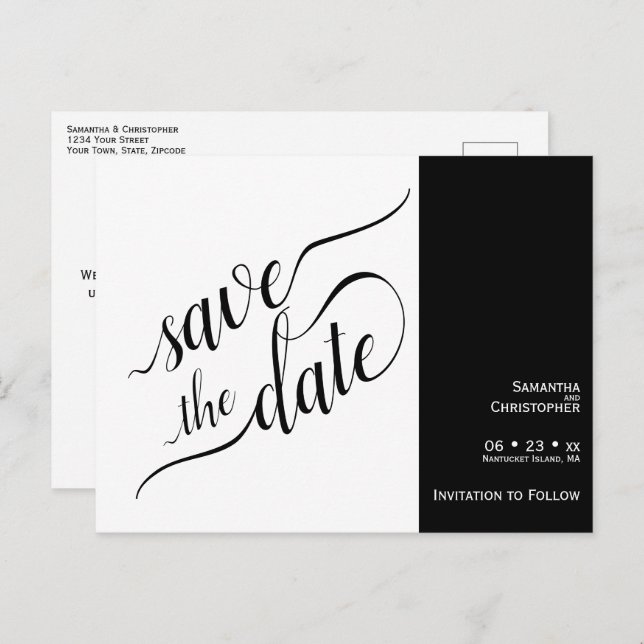 Elegant Calligraphy White Wedding Save the Date Announcement Postcard (Front/Back)