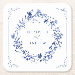 Elegant Calligraphy Wreath Wedding Reception Square Paper Coaster