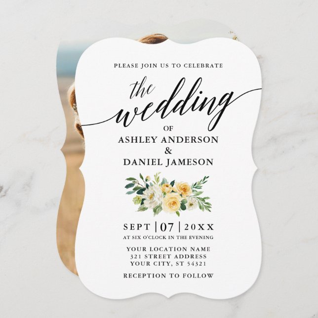 Elegant Calligraphy Yellow Floral Photo Wedding Invitation (Front/Back)