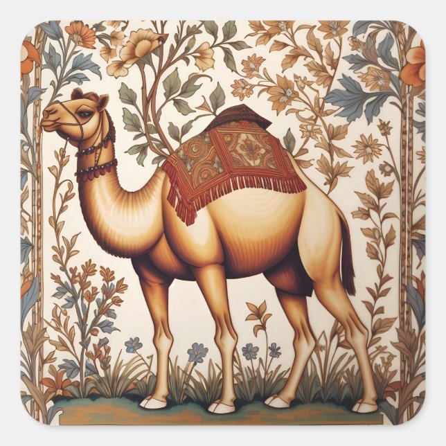 Elegant Camel William Morris Inspired Floral Square Sticker (Front)