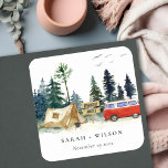 Elegant Camping Watercolor Pine Forest Wedding Square Sticker<br><div class="desc">Elegant Camping Watercolor Pine Forest Theme Collection.- it's an elegant script watercolor Illustration of forest pine trees with camper van, tent and camping sign, perfect for your camp side wedding & parties. It’s very easy to customise, with your personal details. If you need any other matching product or customisation, kindly...</div>