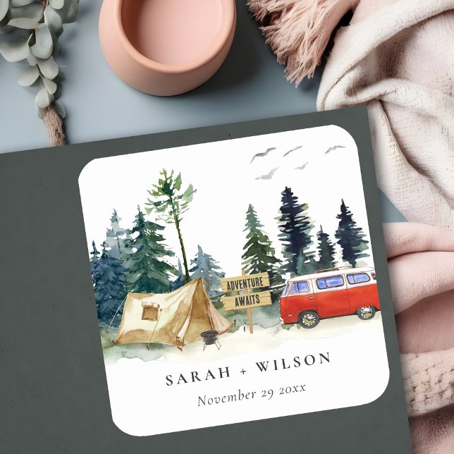 Elegant Camping Watercolor Pine Forest Wedding Square Sticker (Creator Uploaded)