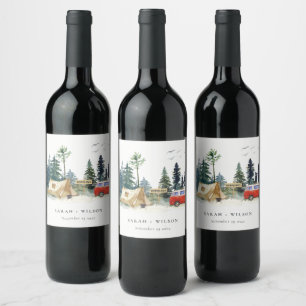 Elegant Camping Watercolor Pine Forest Wedding Wine Label