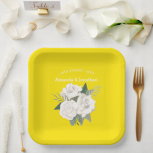 Elegant Canary Yellow and White Roses Wedding Paper Plate