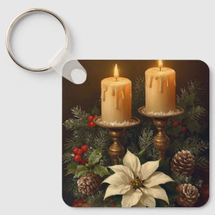 Elegant candle Christmas holly pine warm festive  Key Ring