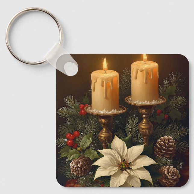 Elegant candle Christmas holly pine warm festive  Key Ring (Front)