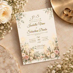 Elegant Candlelit Blush Floral Wedding Invitation