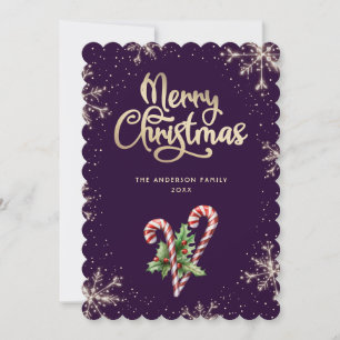 Elegant Candy Cane Holly Berries Purple Christmas Holiday Card