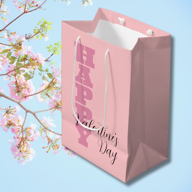 Elegant Candy Pink and Black Happy Valentines Day Medium Gift Bag (Creator Uploaded)