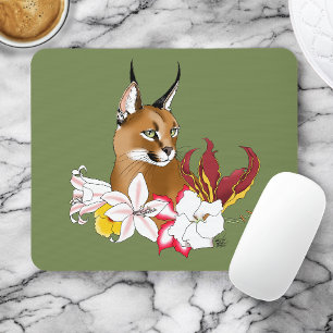 Elegant Caracal Wild Cat Lilies Floral Green Mouse Pad