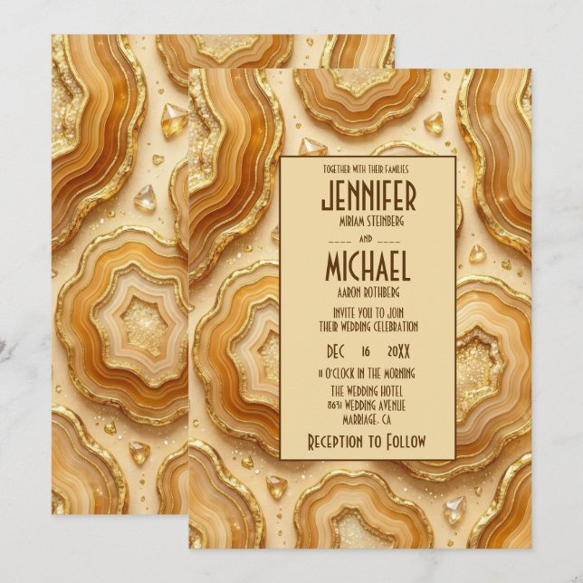 Elegant Caramel and Gold Geode Wedding Invitations (Front/Back)