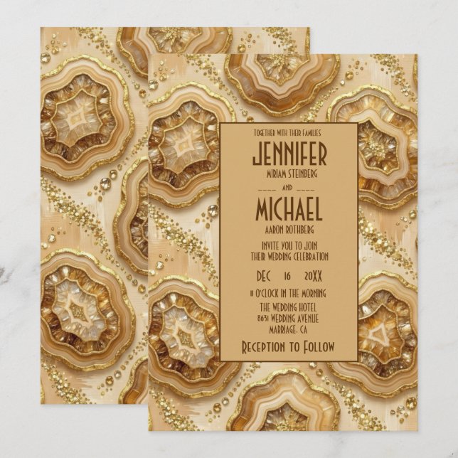 Elegant Caramel and Gold Geode Wedding Invitations (Front/Back)