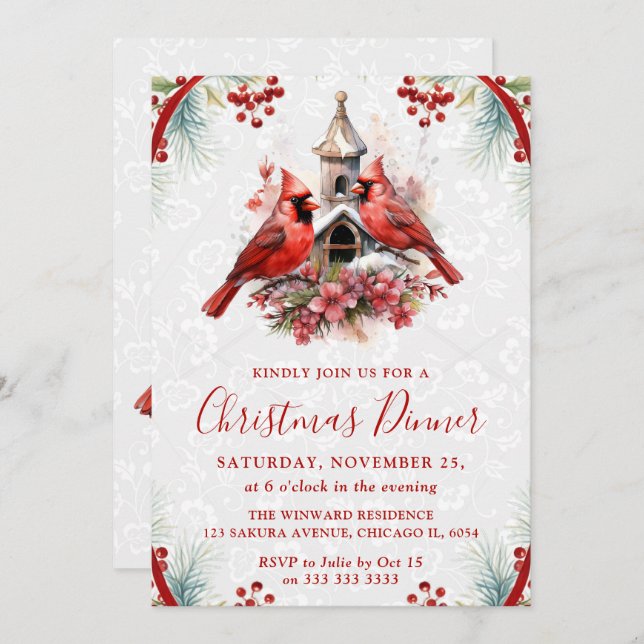 Elegant Cardinal Christmas Dinner Invitation (Front/Back)