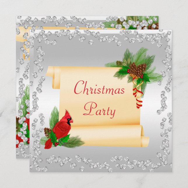 Elegant Cardinal & Scroll Diamonds Christmas Invitation (Front/Back)