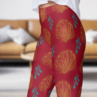 Elegant Carmine Red Peacock Fan Pattern Leggings