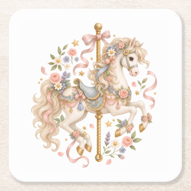 Elegant Carousel Horse French Fairytale Square Paper Coaster (Front)