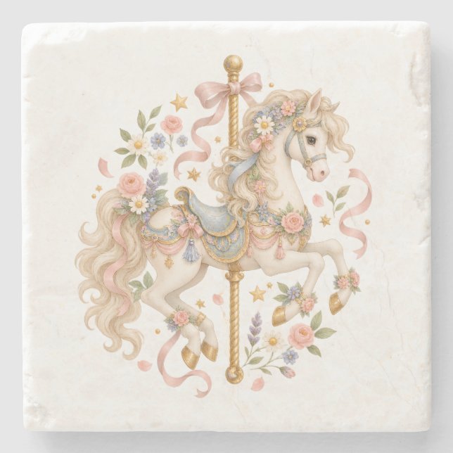 Elegant Carousel Horse French Fairytale Stone Coaster (Front)