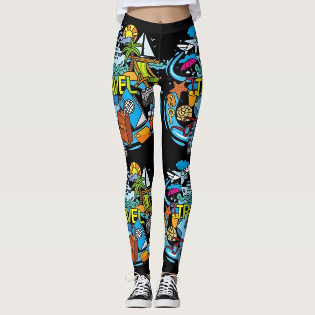 Elegant cartoon drawing Travelling Black Modern Leggings (Front)