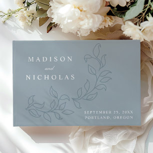 Elegant Cascading Dusty Blue Leaves Photo Wedding Guest Book
