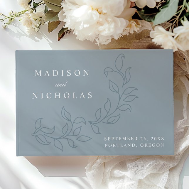 Elegant Cascading Dusty Blue Leaves Photo Wedding Guest Book (Creator Uploaded)