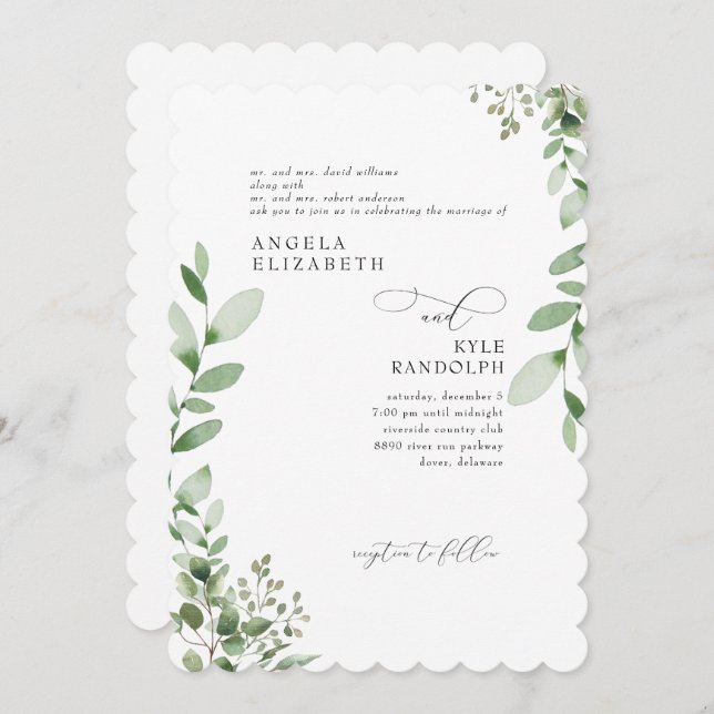 Elegant Cascading Greenery Wedding Scalloped Invitation (Front/Back)