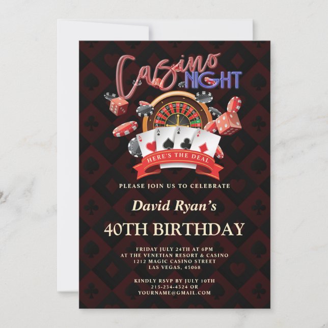 Elegant Casino Night Vegas 40th Birthday Party Invitation (Front)